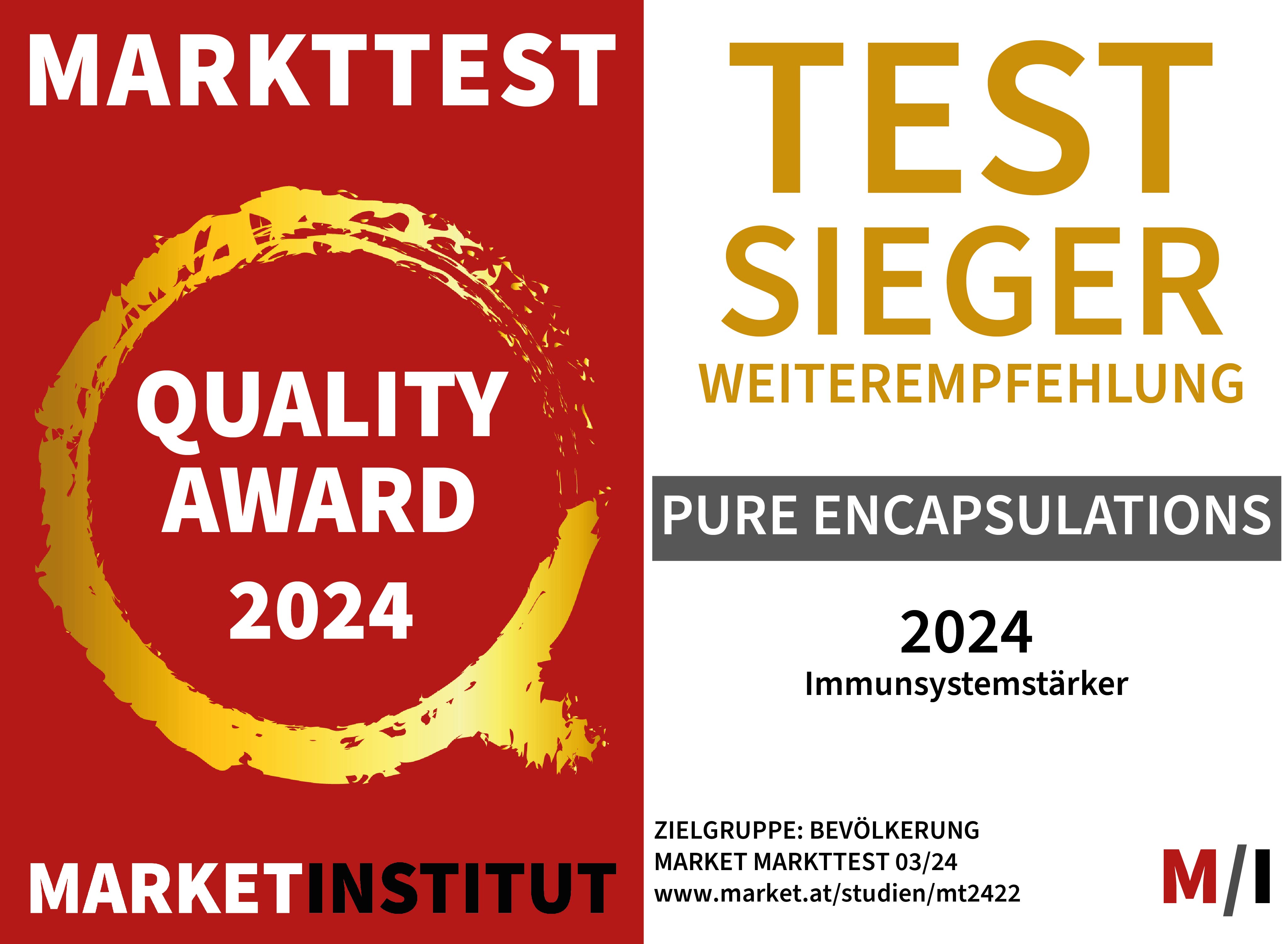 Pure horizontal Markttest market institut quality award 2024 Testsieger Weiterempfehlung 2024 rot Immunsystemstärker