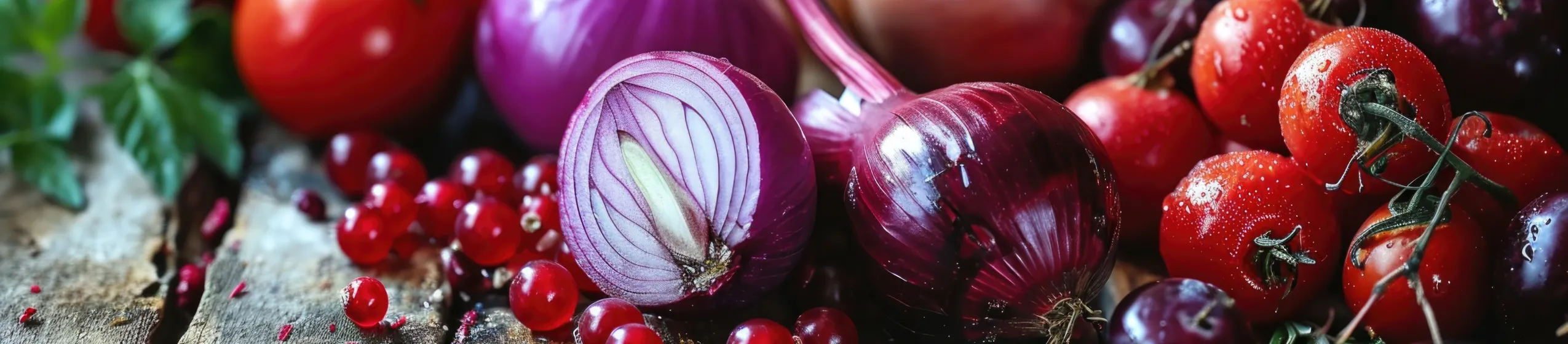 Rote Zwiebel, Tomaten, Preiselbeeren auf einer Holzplatte