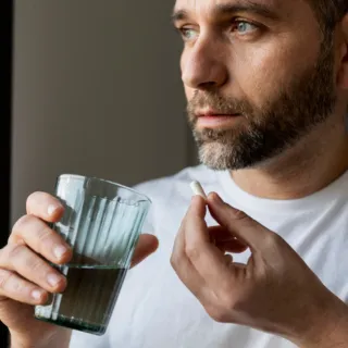 Mann nimmt Kapsel ein