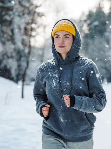 Frau joggt im Winter während es schneit