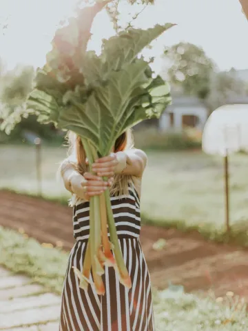 Frau hält Fenchel vor sich in die Höhe