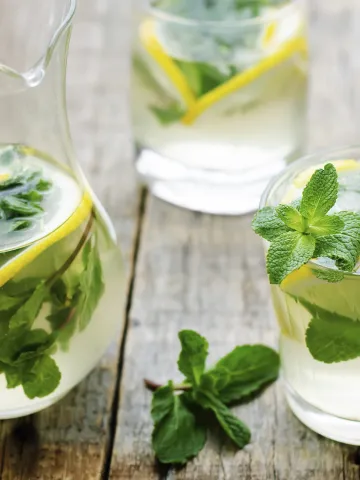 Eine Karaffe und ein Glas mit Wasser, Zitrone und Minze