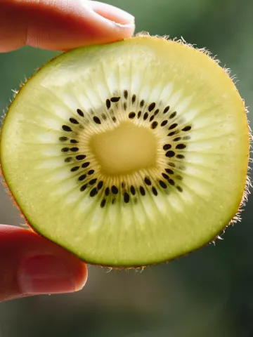 Eine Kiwischeibe zwischen zwei Fingern