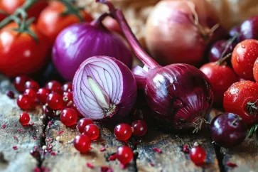 Rote Zwiebel, Tomaten, Preiselbeeren auf einer Holzplatte