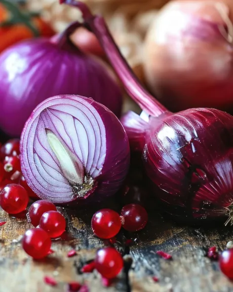 Rote Zwiebel, Tomaten, Preiselbeeren auf einer Holzplatte