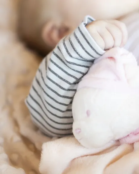 Baby hält ein rosa Stofftier