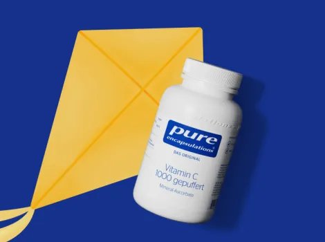 Gelber Drache und ein Pure Vitamin C 1000 gepuffert Produkt