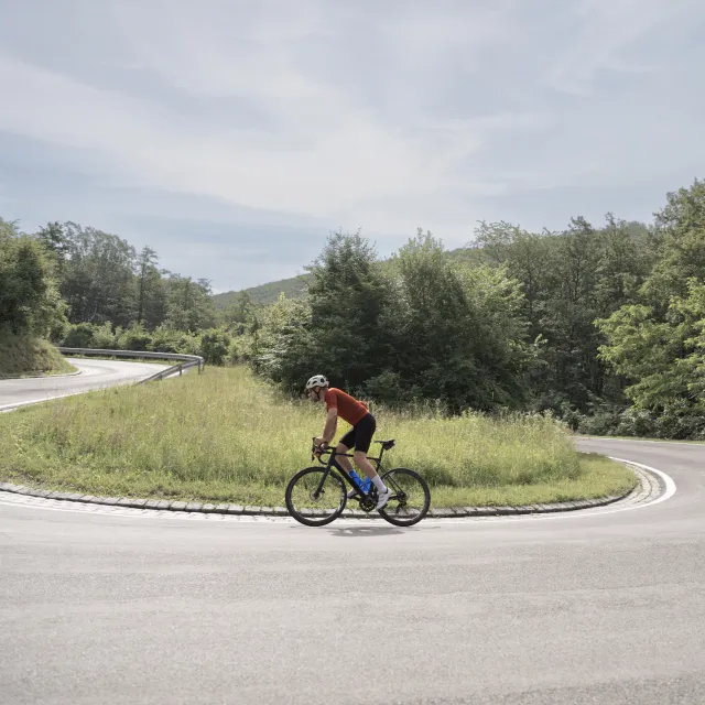Radfahrer fährt energiegeladen den Berg hinauf