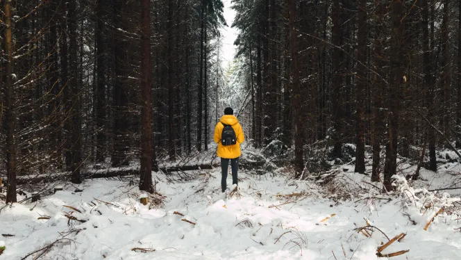 Mann mit gelber Jacke im schneebedeckten Wald