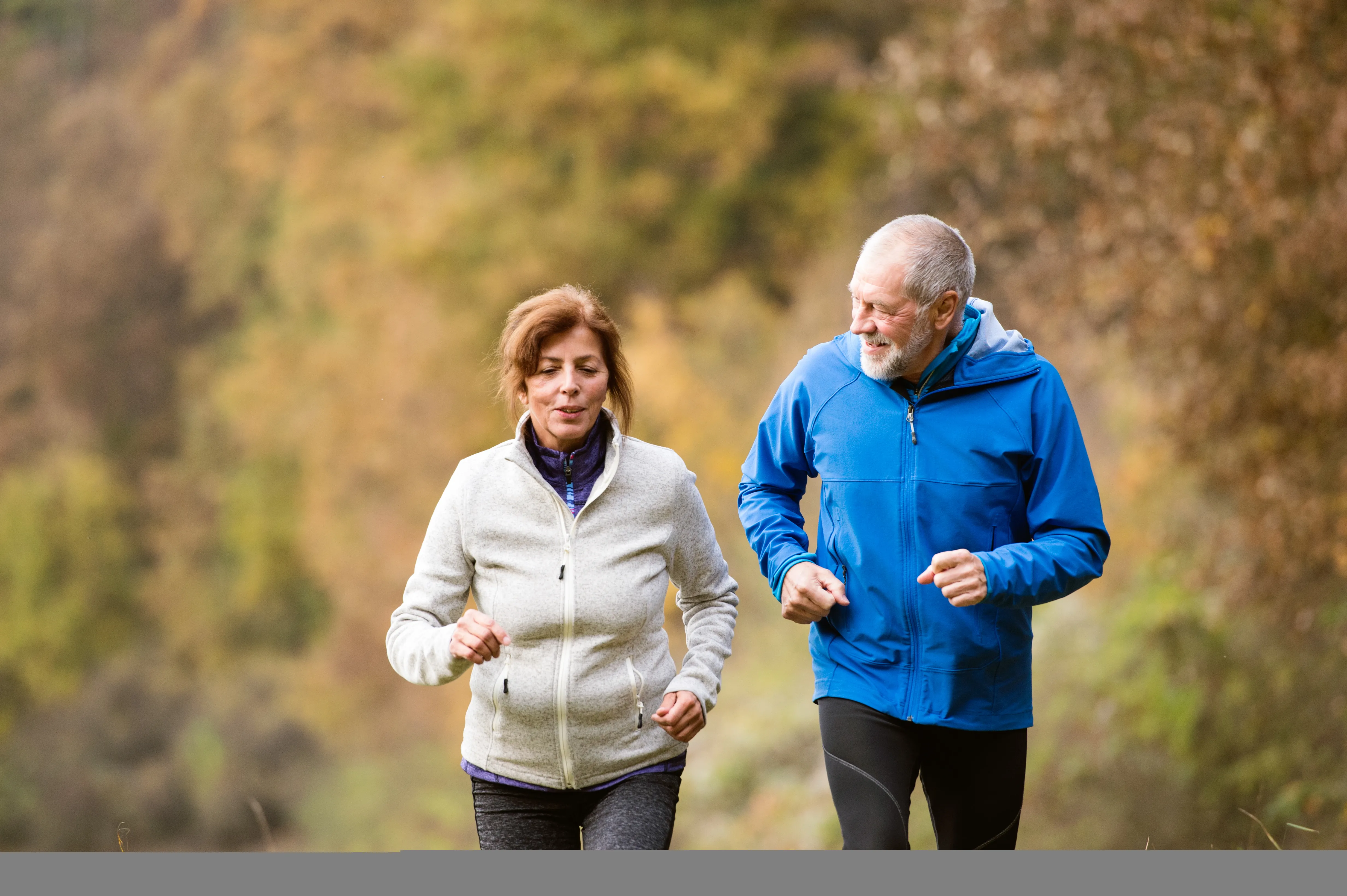 paar joggen herbst Sport Wald Natur laufen laub Bäume älter blau Mann